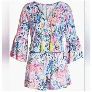 Lilly Pulitzer Del Lago Romper Colorful Flare Sleeve V-neck Tassel